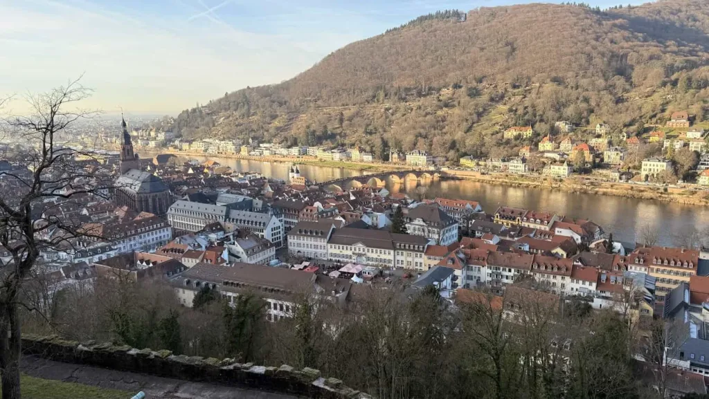 Moderne Stadtansicht Heidelberg mit Neckar, historischer Architektur und umgebender Natur.