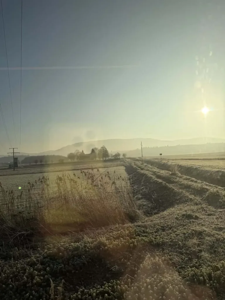 Landschaft in der Morgensonne, landwirtschaftliche Felder und weite Horizonte in der Nähe von Greiner.