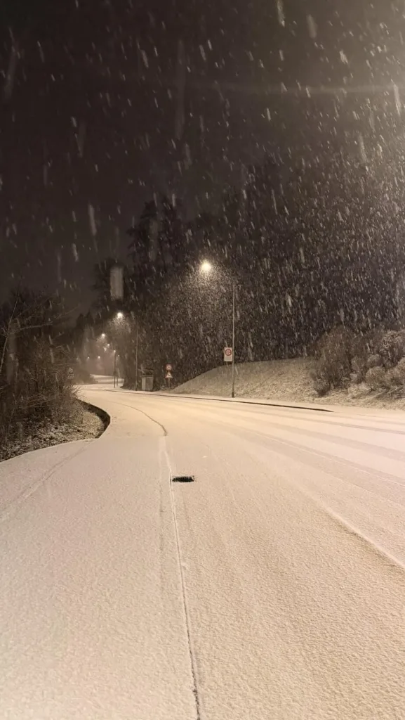 Schneebedehnte Straße bei Nacht mit Schneefall, winterliche Straßenverhältnisse, winterliche Verkehrsbedingungen.